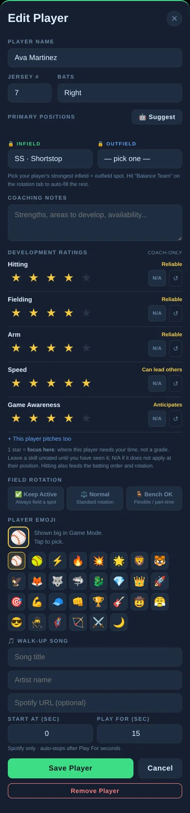 The edit player sheet