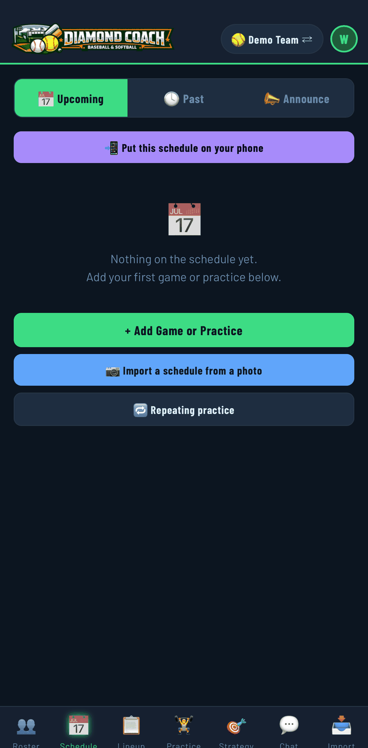 Schedule screen with calendar sharing and schedule import from a photo